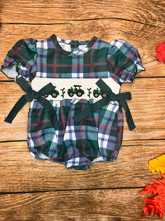 Plaid Tractor Smocked Bubble