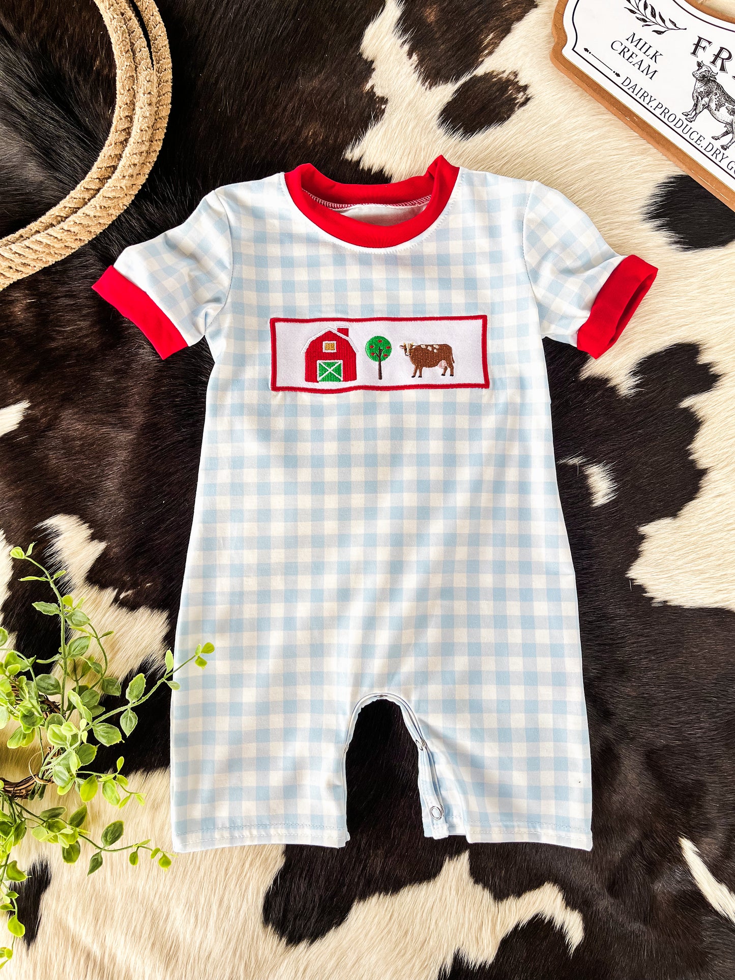 Gingham Farm Appliqué Romper